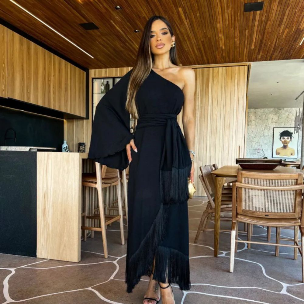 One‑Shoulder Tiered Fringe Maxi Dress