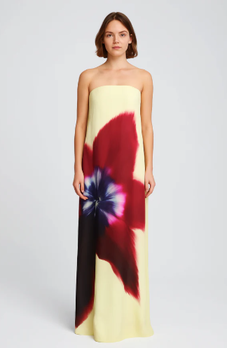 Printed tube top open back high waist dress