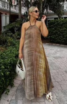 Tie Dye Halter Pleated Women'S Dress