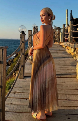 Tie Dye Halter Pleated Women'S Dress