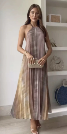 Tie Dye Halter Pleated Women'S Dress