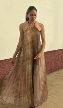 Tie Dye Halter Pleated Women'S Dress