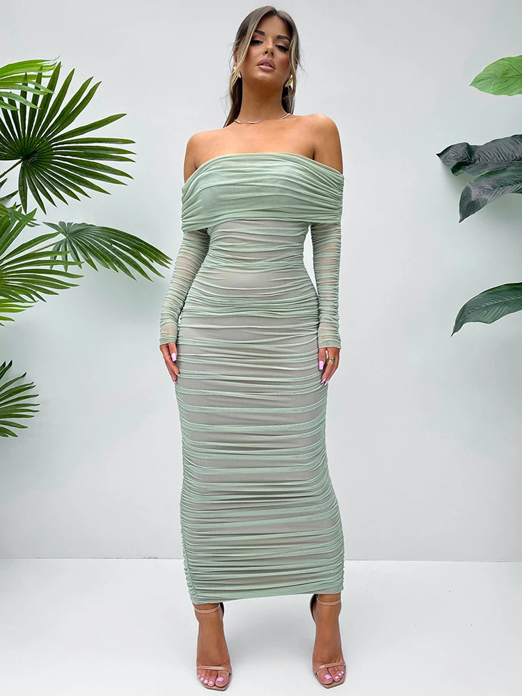 Off-Shoulder Ruched Mesh Bodycon Dress