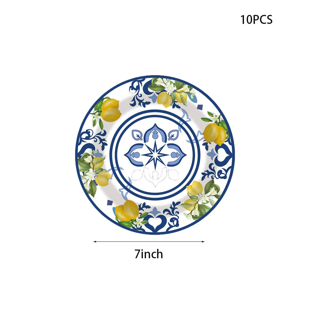 Blue And White Porcelain Lemon Birthday Decorations Elegant Disposable Tableware Disposable Plates Cups Wedding Adult evjf Party