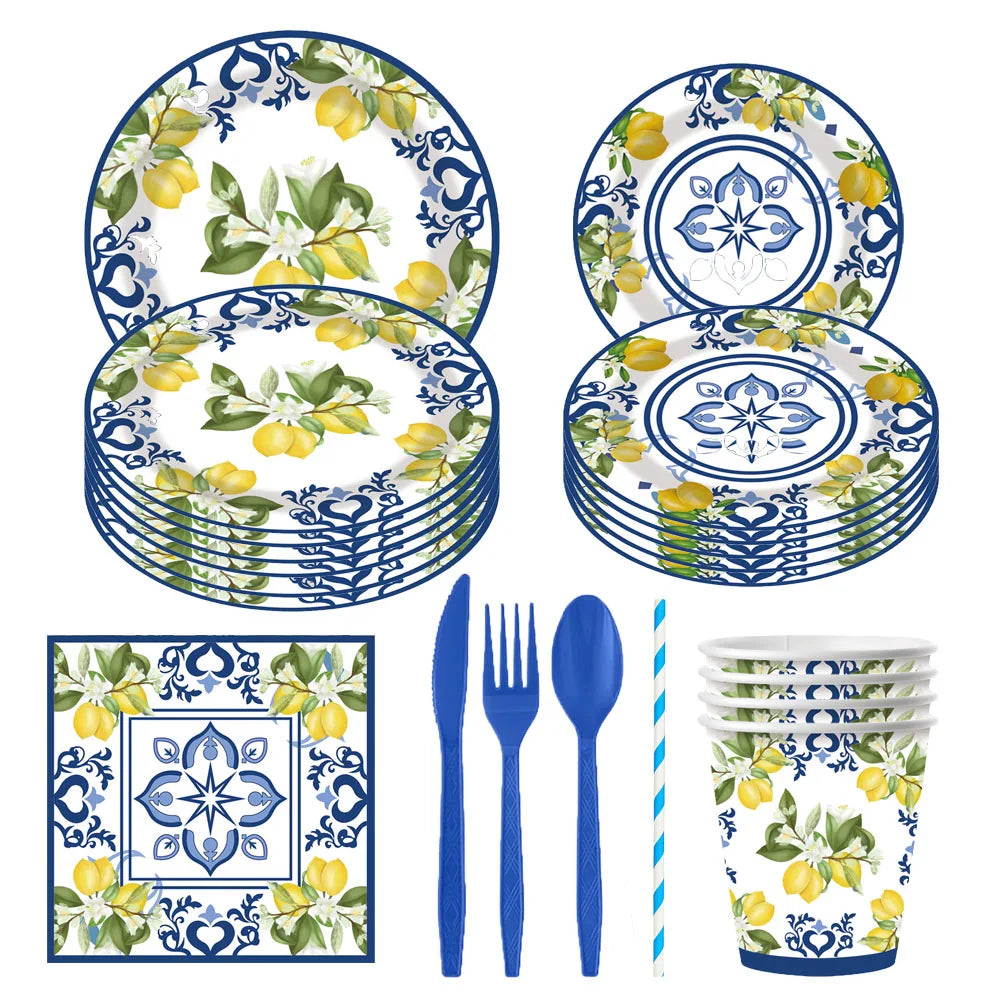 Blue And White Porcelain Lemon Birthday Decorations Elegant Disposable Tableware Disposable Plates Cups Wedding Adult evjf Party