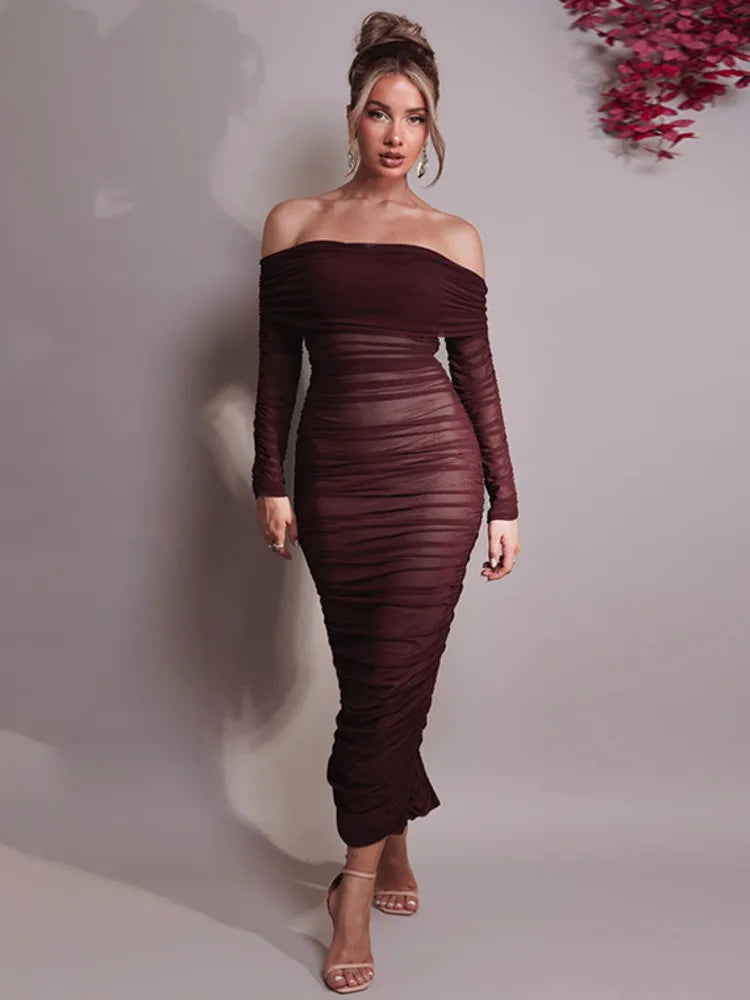 Off-Shoulder Ruched Mesh Bodycon Dress