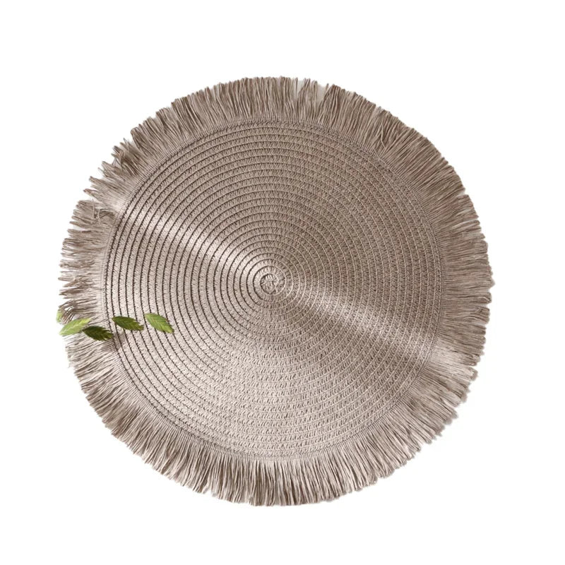 Round Braided Placemats Fringe Paper Table Mats Hand Woven Non-slip Insulation Place Mats Tea Cup Pad Dining Table Decorations