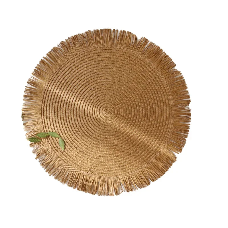 Round Braided Placemats Fringe Paper Table Mats Hand Woven Non-slip Insulation Place Mats Tea Cup Pad Dining Table Decorations