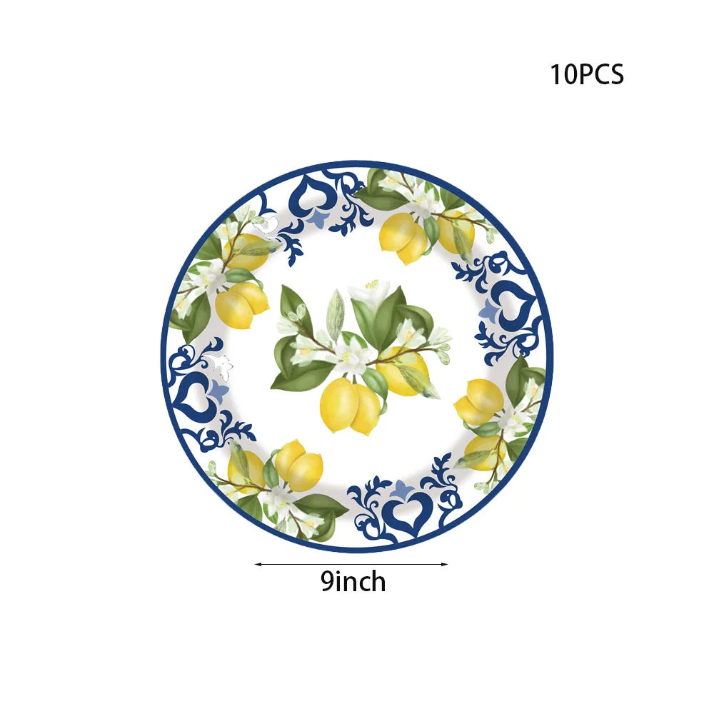 Blue And White Porcelain Lemon Birthday Decorations Elegant Disposable Tableware Disposable Plates Cups Wedding Adult evjf Party