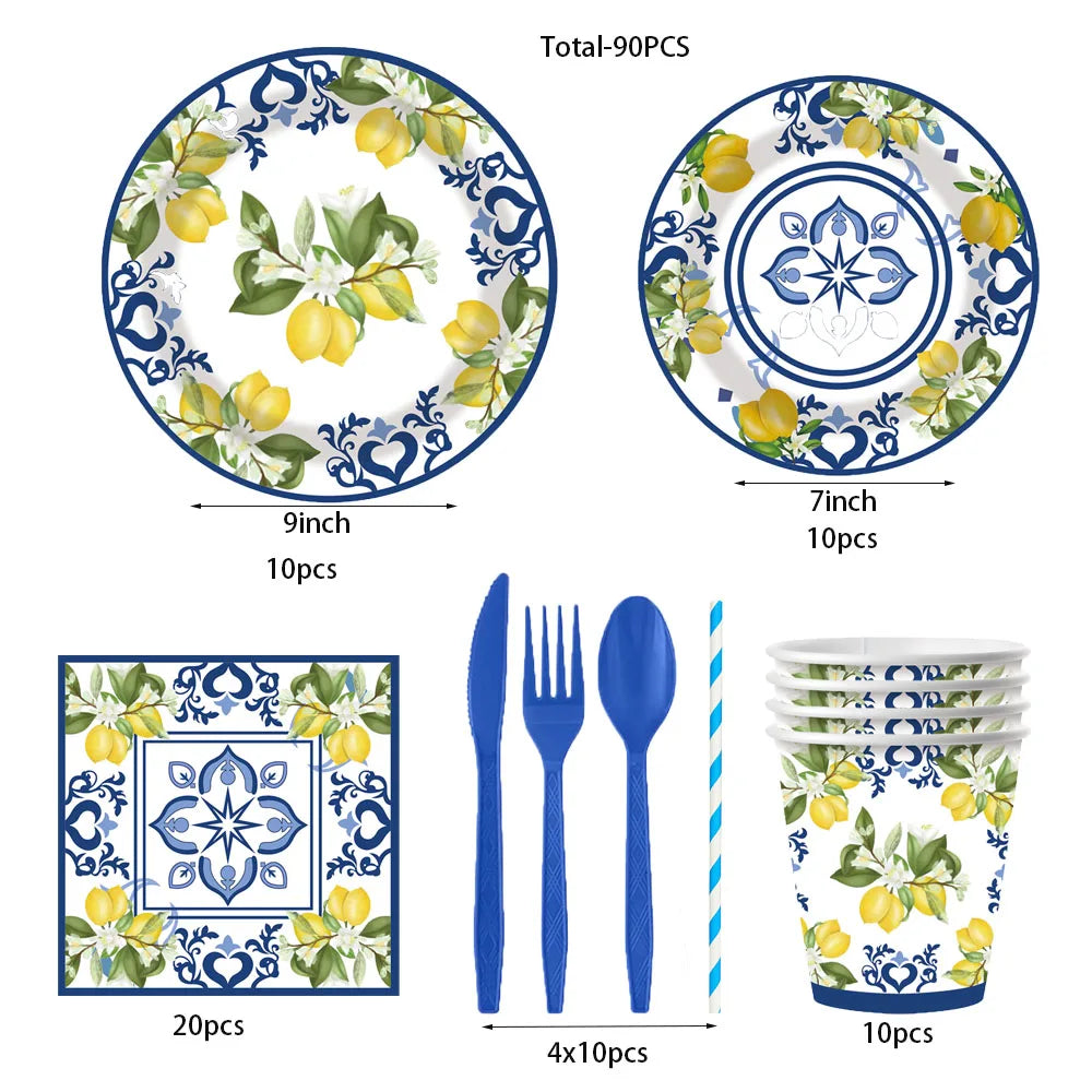 Blue And White Porcelain Lemon Birthday Decorations Elegant Disposable Tableware Disposable Plates Cups Wedding Adult evjf Party