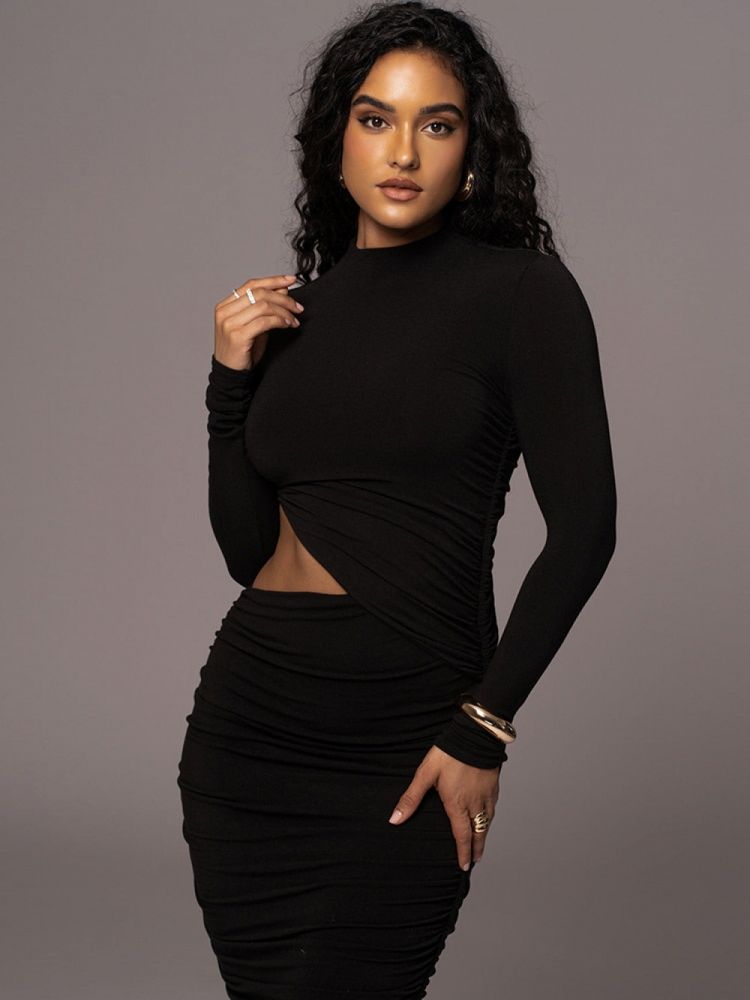 midi dress with cutouts, high collar and draped on the side of the hip