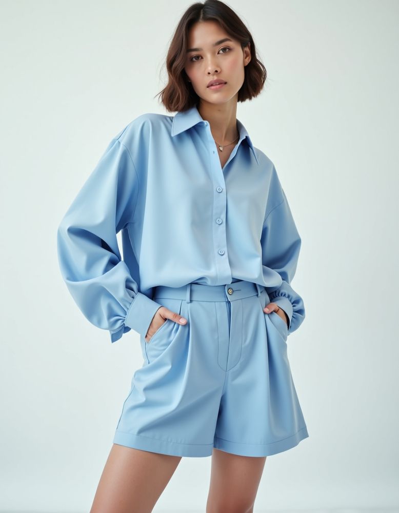 Women Long Sleeve 2 Pieces Sets Casual Simple Button Pockets Short Pant with Shirts