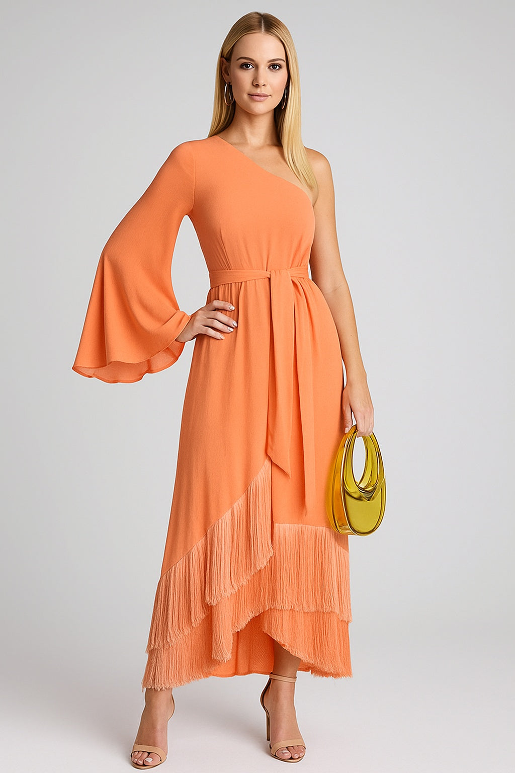 One‑Shoulder Tiered Fringe Maxi Dress