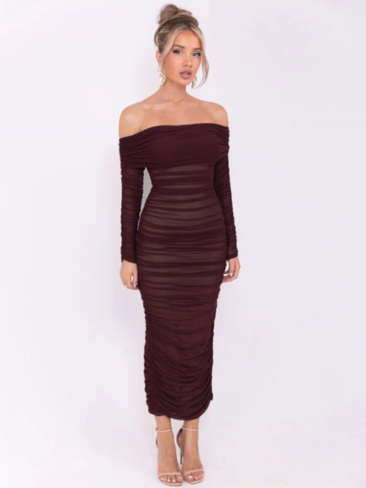 Off-Shoulder Ruched Mesh Bodycon Dress