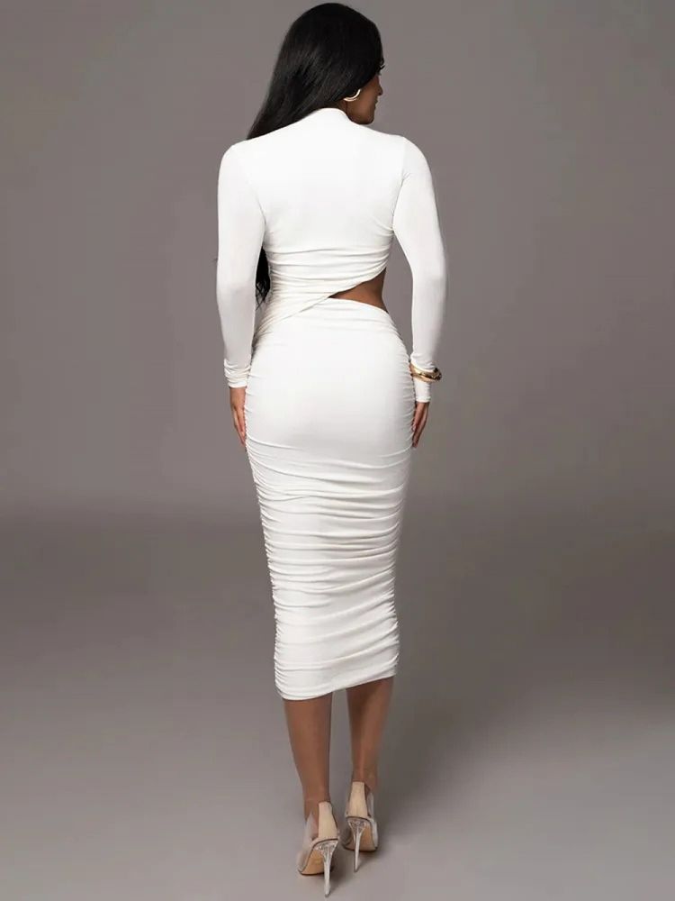 midi dress with cutouts, high collar and draped on the side of the hip