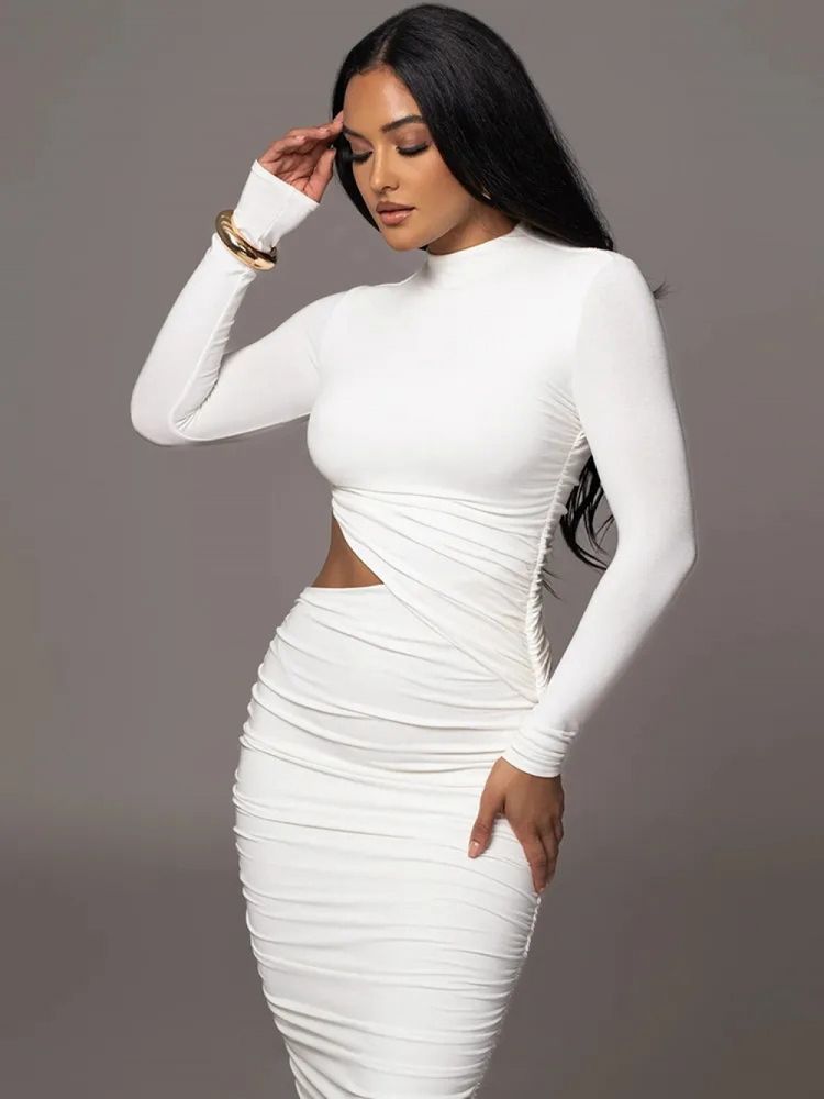 midi dress with cutouts, high collar and draped on the side of the hip