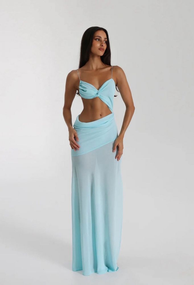 Sky Blue Cut‑Out Maxi Dress – Asymmetric Waistband