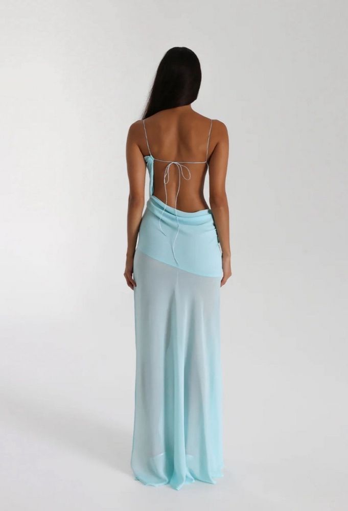 Sky Blue Cut‑Out Maxi Dress – Asymmetric Waistband