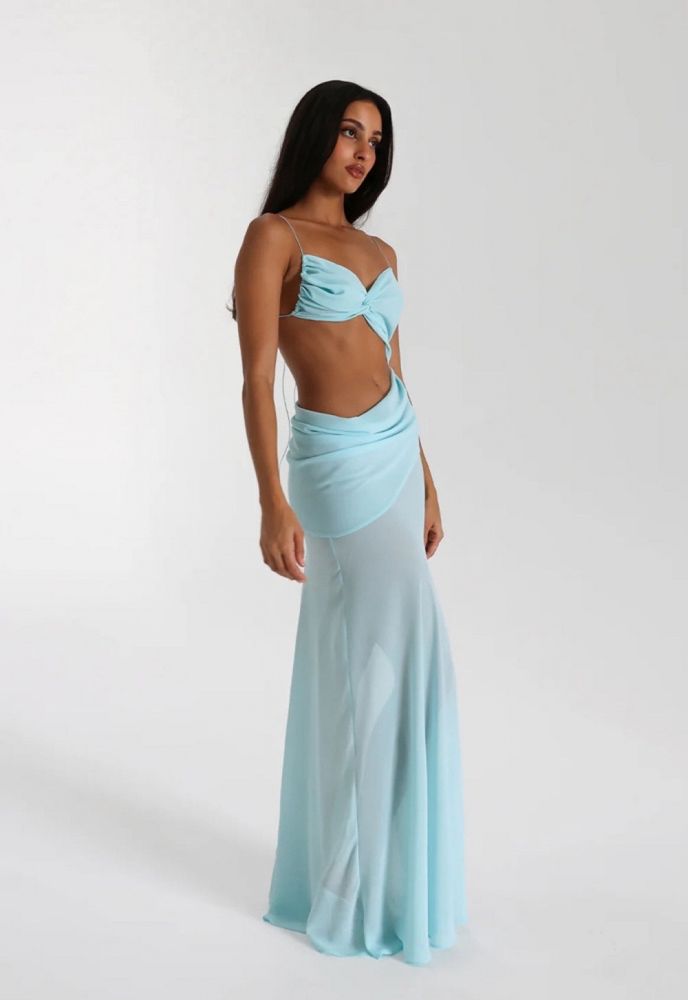 Sky Blue Cut‑Out Maxi Dress – Asymmetric Waistband