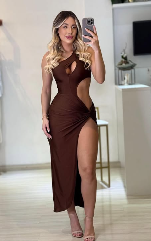 Slim-Fit Dress With Slant Shoulder Cutout And High Slit