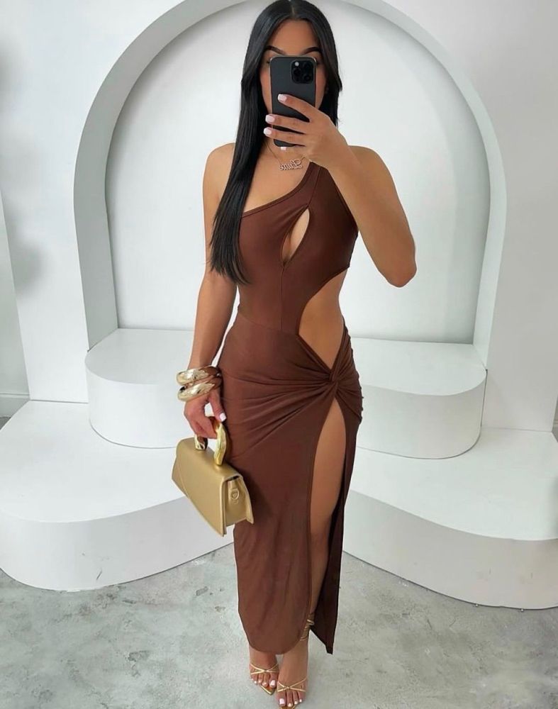 Slim-Fit Dress With Slant Shoulder Cutout And High Slit