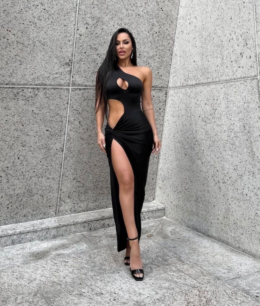 Slim-Fit Dress With Slant Shoulder Cutout And High Slit